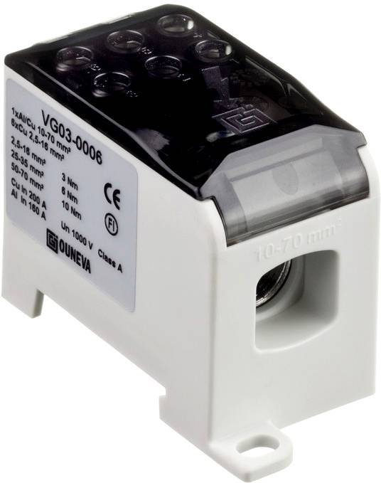 A black electrical component with the marking 'VG03-0006', suitable for 10-70 mm² cables, with CE marking, Class A.