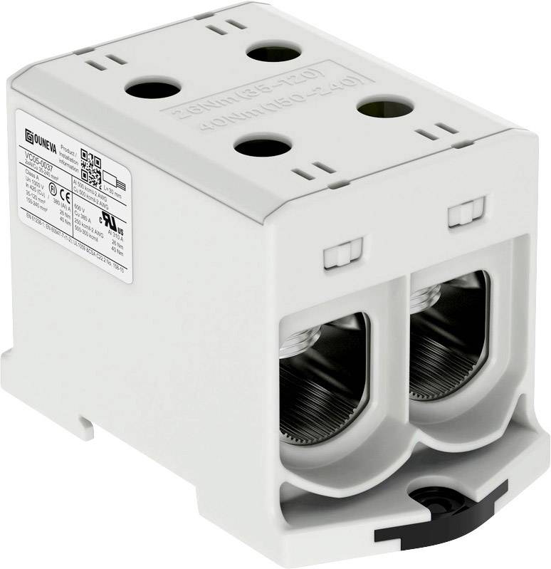A white electrical terminal block, suitable for two cables. Contains specifications and test marks on a label on the side.