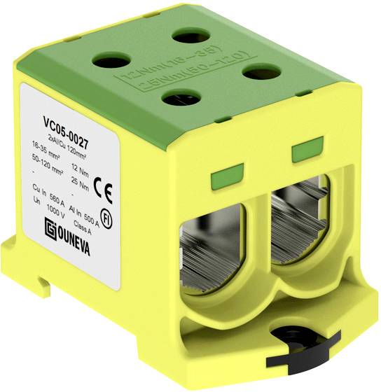 Yellow electrical terminal module with a green top surface, marked with 'VC05-0027' and technical specifications for cable diameter.