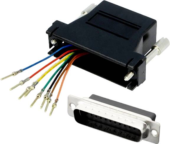 'An open Sub-D plug with coloured cable connections and a closed counterpart.'
