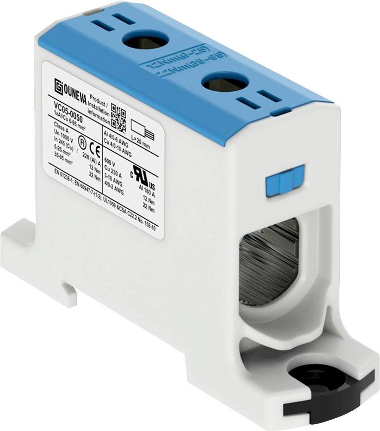An electrical current sensor with a rectangular housing, white and blue accents. Technical specifications visible on a label.