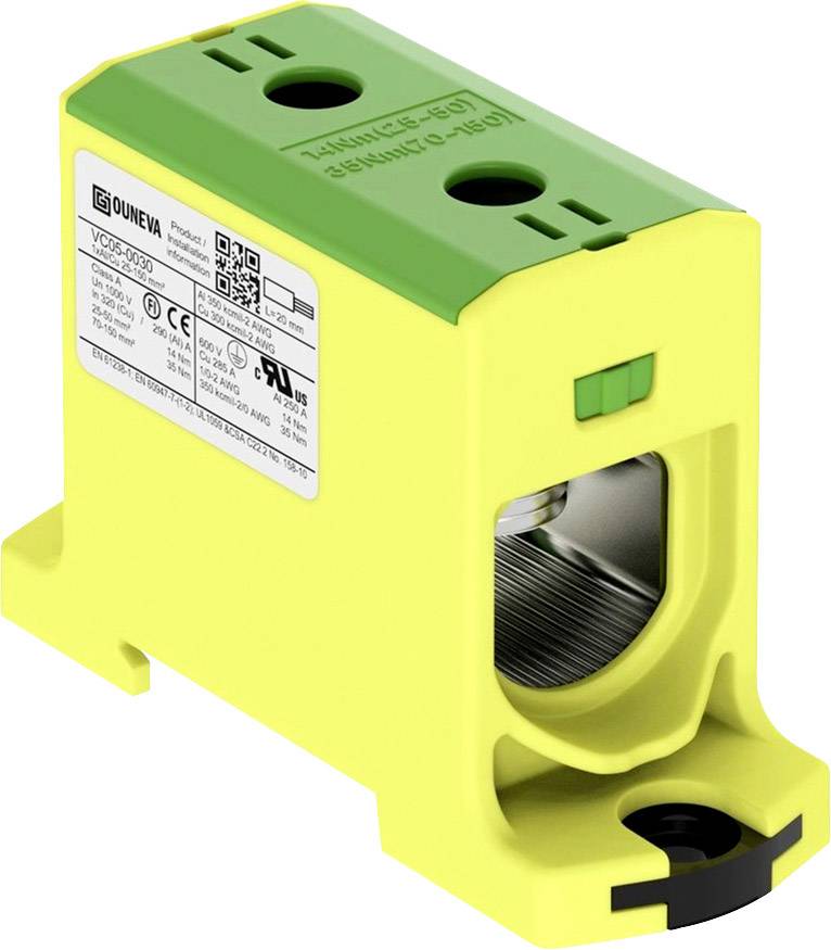 'Current sensor in a yellow housing with a green lid, label with technical specifications, used for current monitoring in electrical systems.'