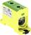 'Current sensor in a yellow housing with a green lid, label with technical specifications, used for current monitoring in electrical systems.'