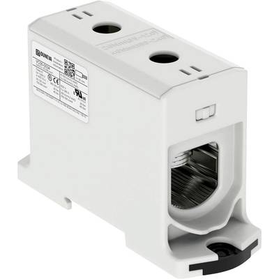 A white electrical terminal block with multiple connections and technical specifications printed on the top surface.