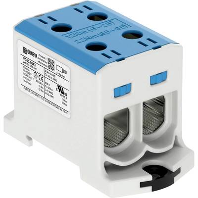 An electrical distribution block with two inputs and a blue cover displays specifications and certifications on a label.