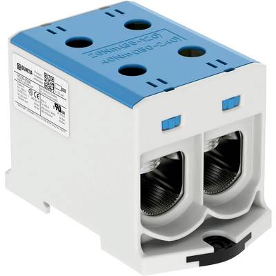 Electrical connector with two cable terminals, blue and white housing cover, technical specifications on label to the side.