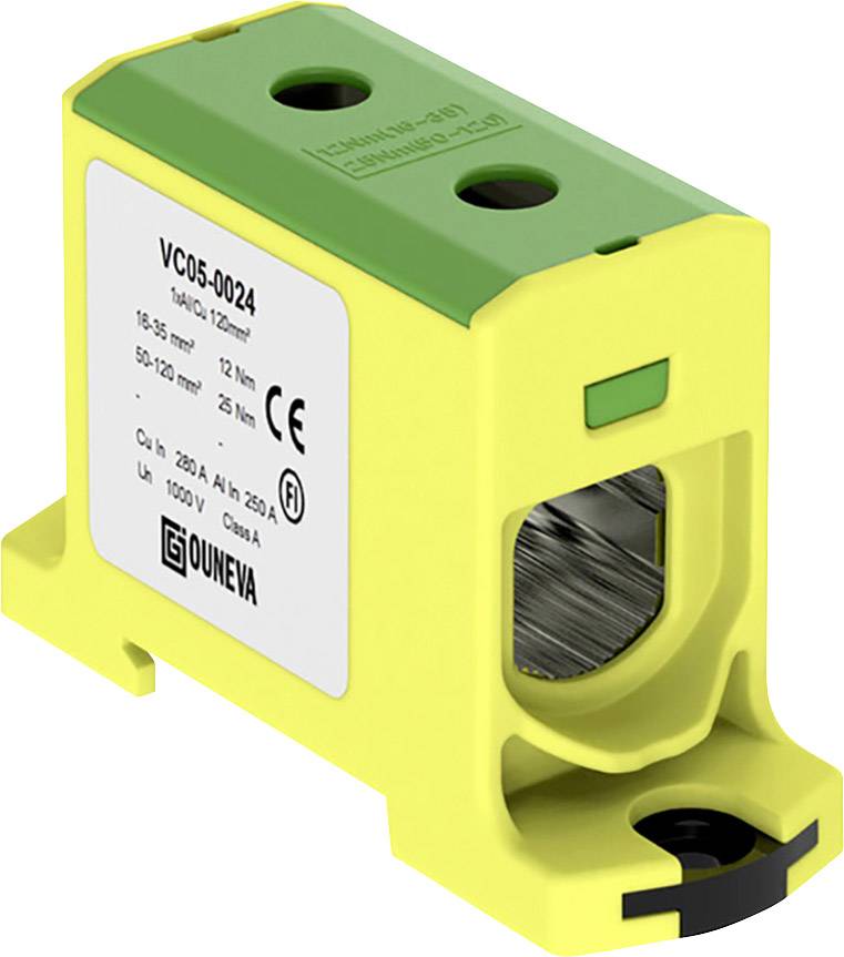 Yellow electrical component with a green top surface and metal insert. Labelled with 'VC05-0024', technical specifications, and CE marking.