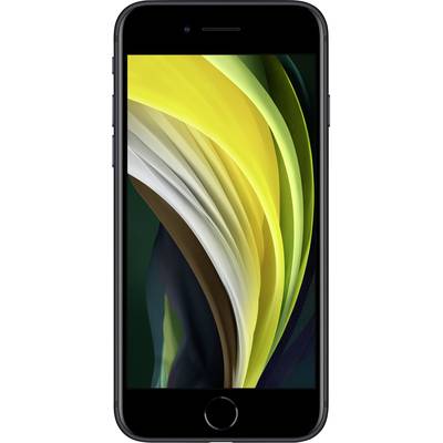 A smartphone with a black casing and rounded corners. The display shows an abstract, wave-like pattern in yellow and green tones.