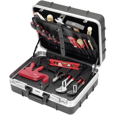 An open toolbox with various hand tools, including screwdrivers, pliers, spirit level and hammer, all neatly stored.