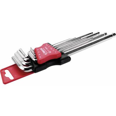 Set of Allen keys in various sizes in a red and black holder.
