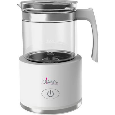 Electric kettle with transparent glass container, max-min markings and grey handle. White base with on/off switch.