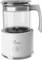 Electric kettle with transparent glass container, max-min markings and grey handle. White base with on/off switch.