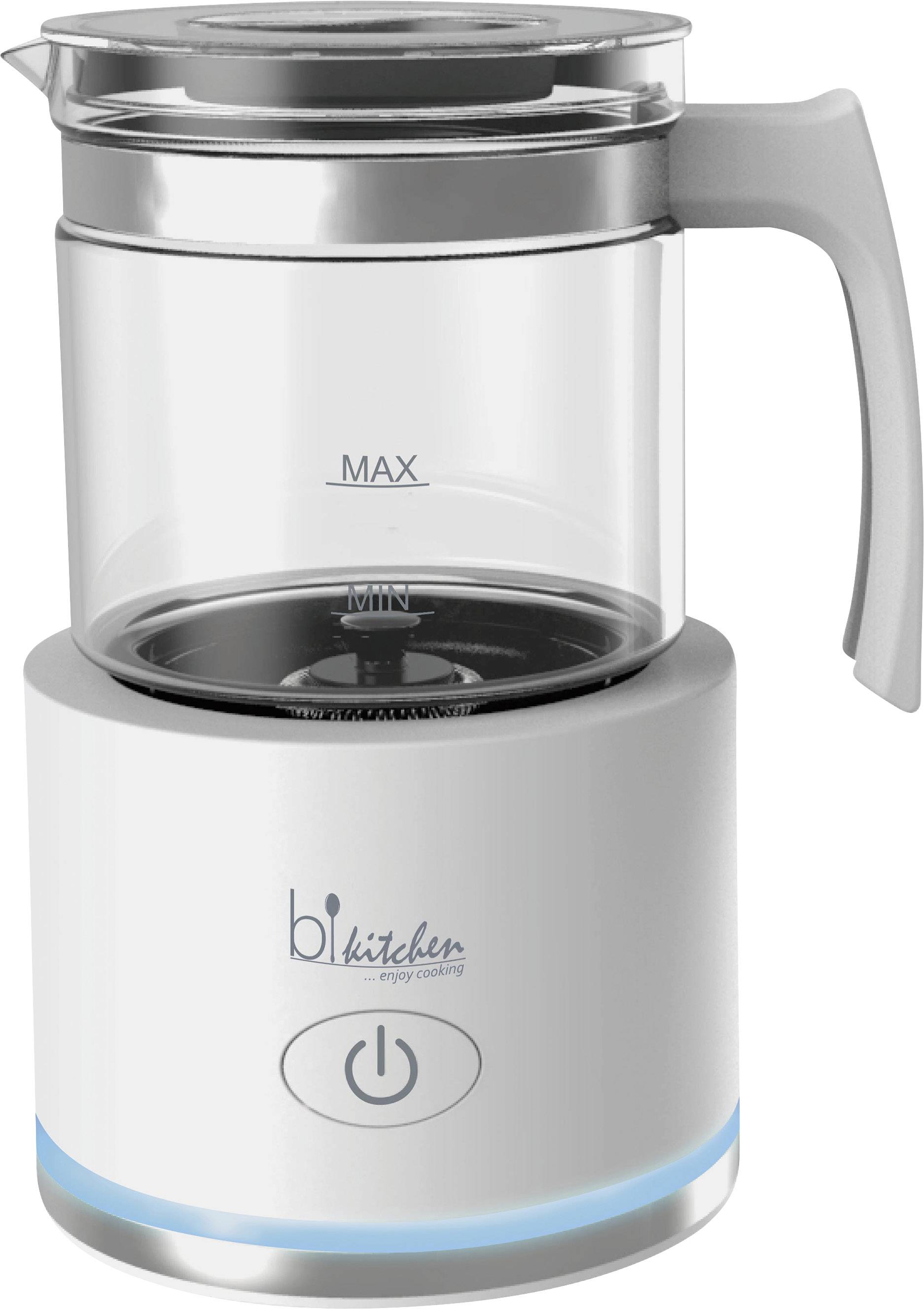 Electric kettle with a transparent glass basket on a white base. Handle on the right, 'Max' and 'Min' markings visible.
