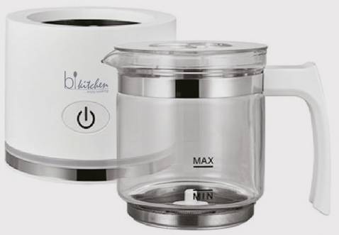 Electric milk frother with transparent jug and measurement scale for 'Max' and 'Min'. Brand logo and on/off button visible.
