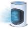 A compact, cylindrical air cooler blows out cool blue air. Ideal for small rooms or personal refreshment.