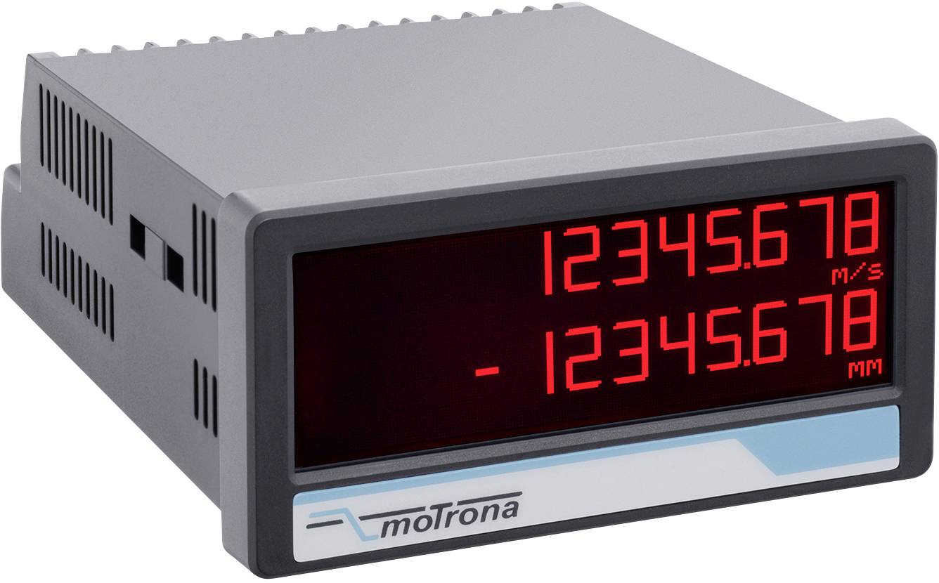 Digital display device from moTrona showing two red measurements: '12345.678 m/s' and '-12345.678 mm' on a black background.