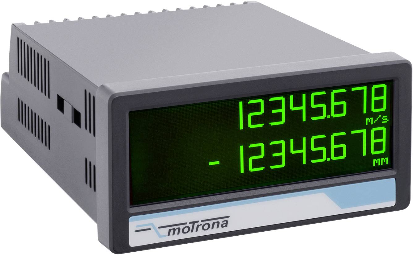 Digital display converter with green display, showing speed '12345.678 m/s' and length '-12345.678 mm', brand moTrona.