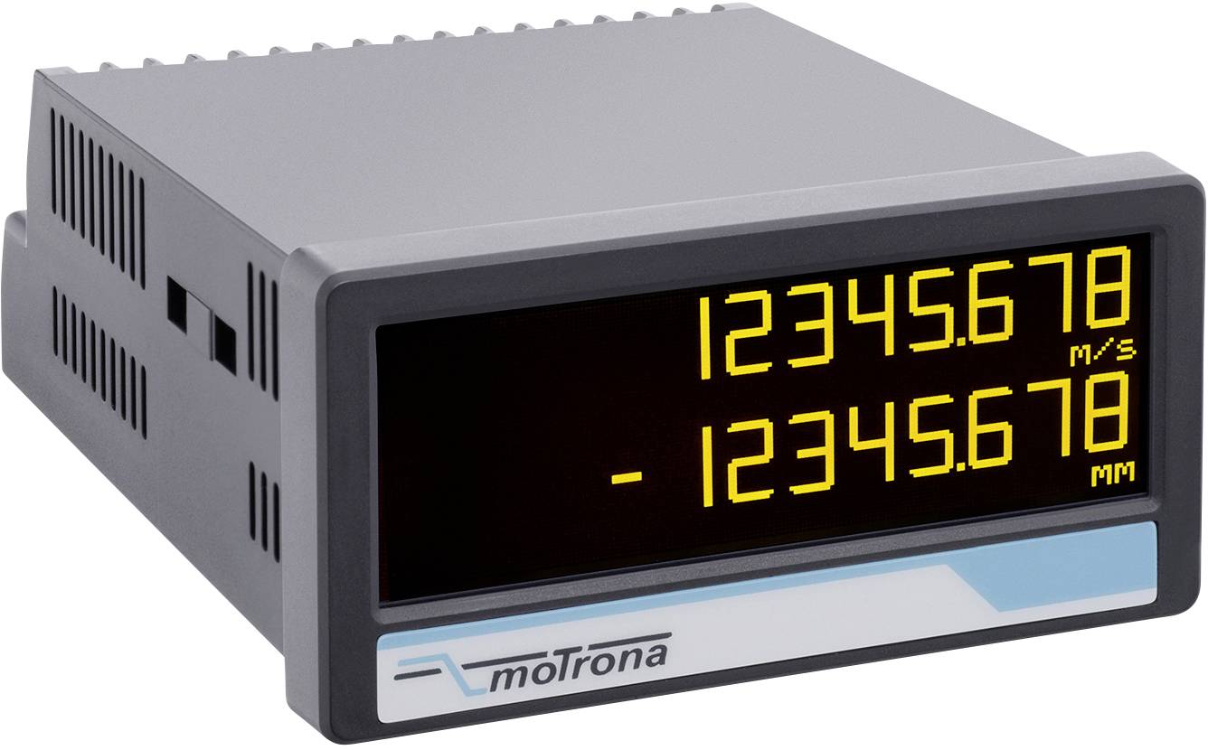 Digital display with yellow illuminated numbers '12345.678 m/s' and '-12345.678 mm', mounted in a grey enclosure.