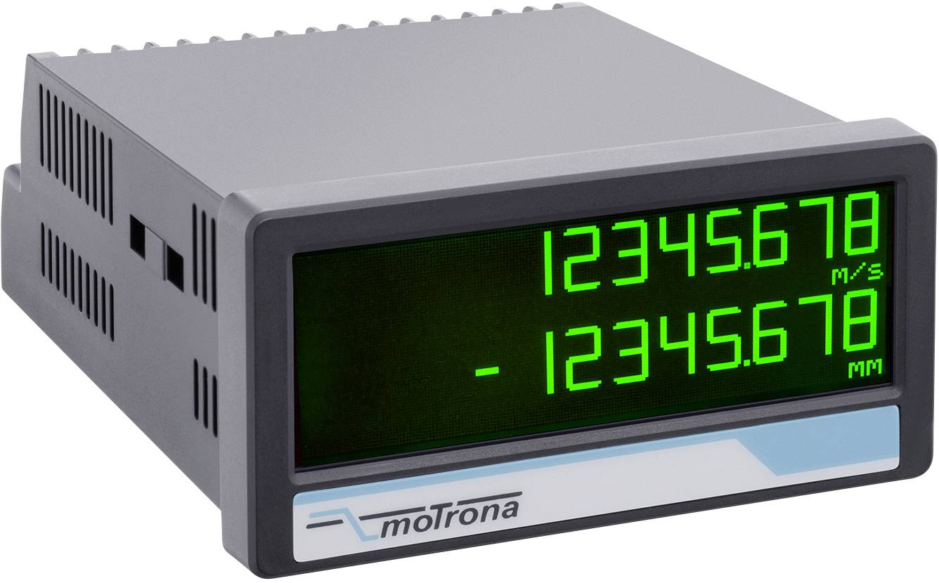 Digital display device by moTrona with green numbers: Top '12345.678 m/s', bottom '-12345.678 mm'. Display device for measuring speed and distance.