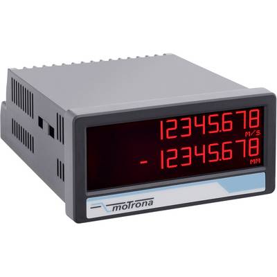 Electronic display with two large red number rows showing measurement values in 'm/s' and 'mm'. Brand name 'moTrona' at the bottom.