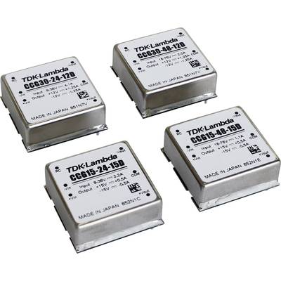 Four square electronic components from TDK-Lambda, each with engraved technical specifications, on a white background.