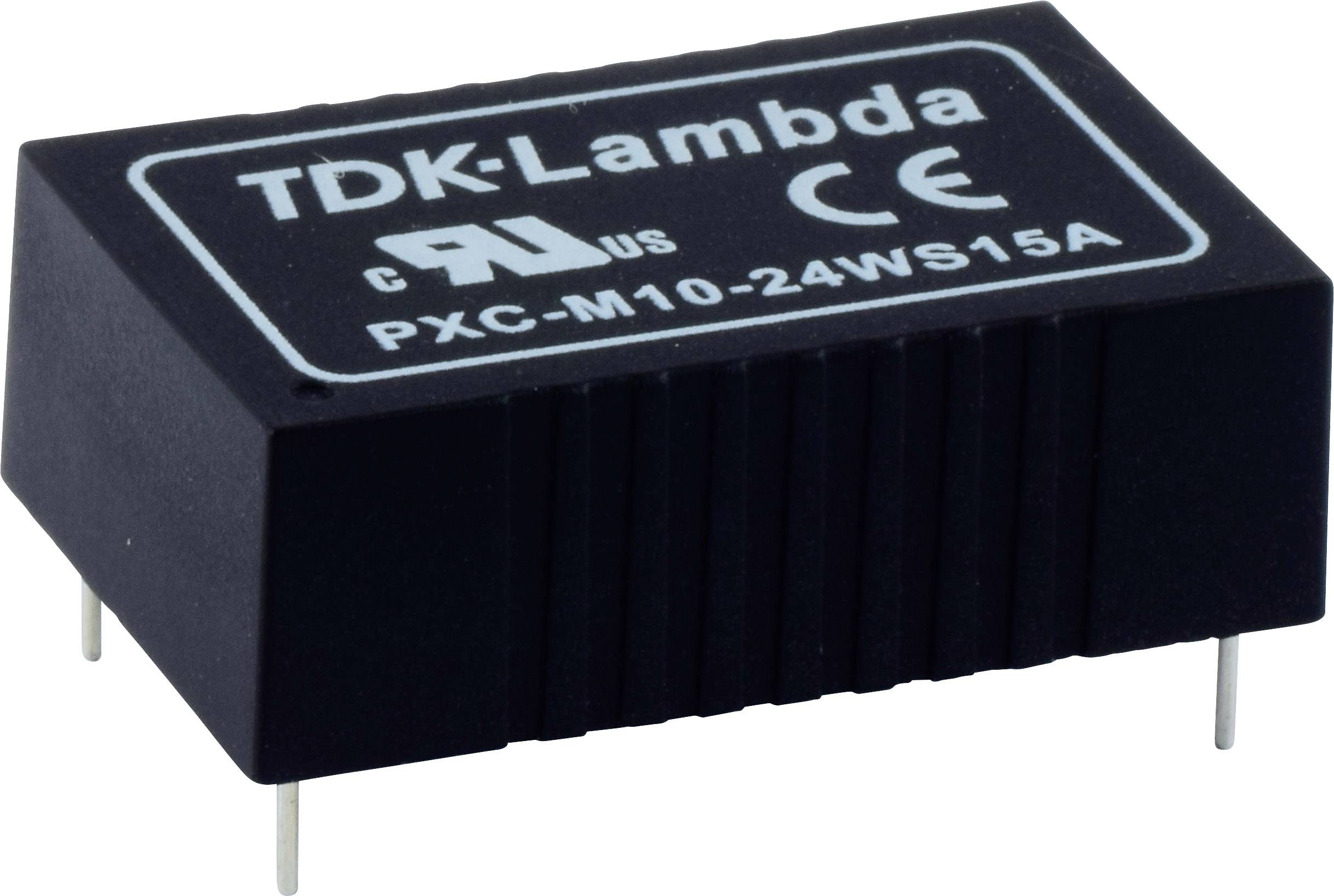Black TDK-Lambda voltage converter with 'PXC-M10-24WS15A' inscription, CE and UL certification symbols, four connection pins.