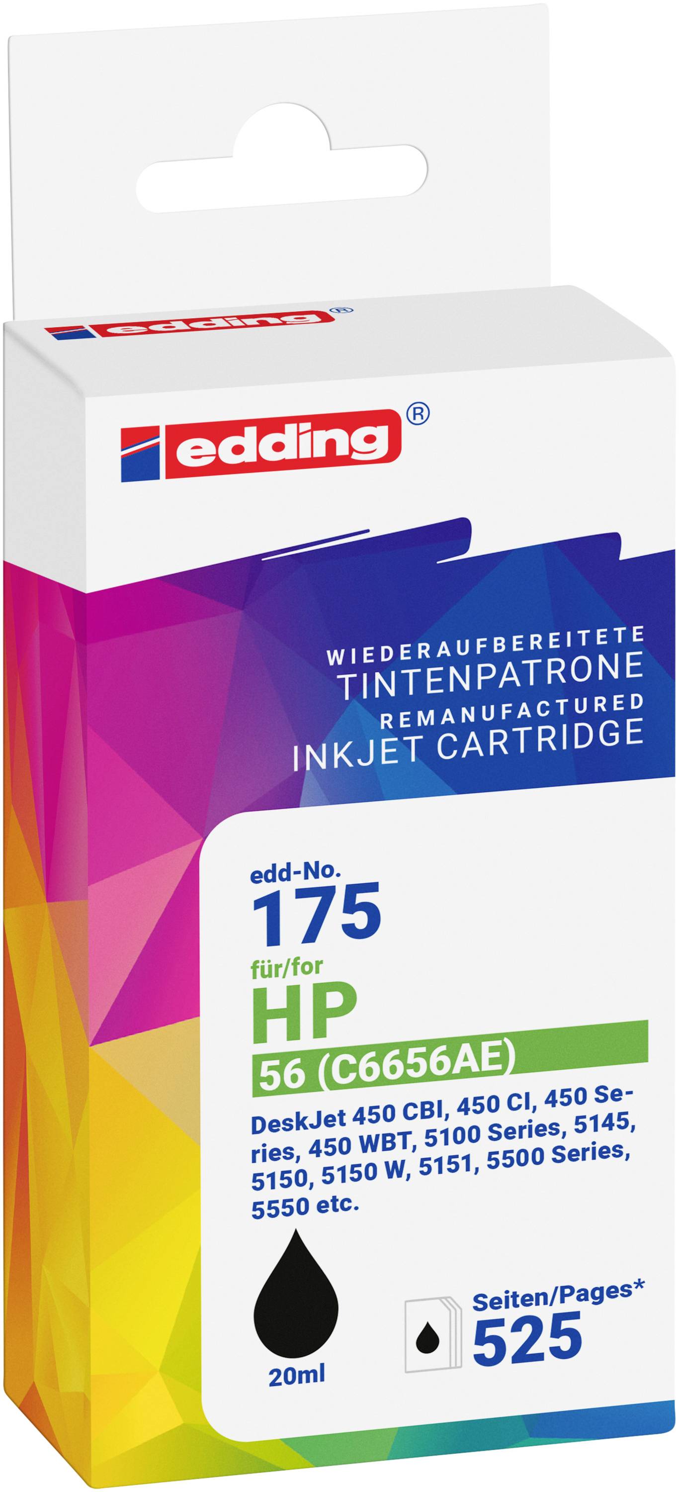 Package of an Edding ink cartridge for HP 56/C6656AE, labeled 'edd-no 175', black ink, 20 ml, for DeskJet and Photosmart printer models, 525 pages.