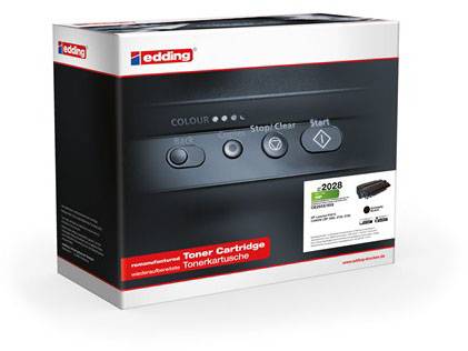 A packaging for an 'Edding 2028 toner cartridge' for printers, displaying control panel symbols. Contains black toner cartridge.