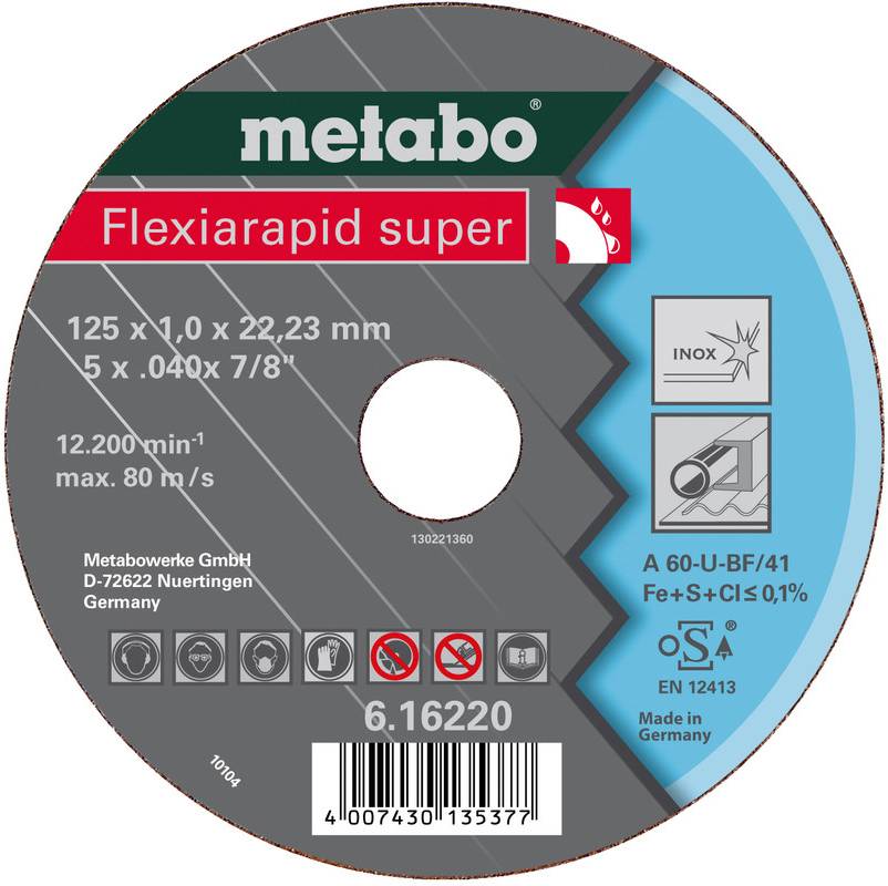 A Metabo Flexiarapid super circular cutting disc label, showing size 125 x 1.0 x 22.23 mm, for stainless steel, with product codes and barcode.<br>