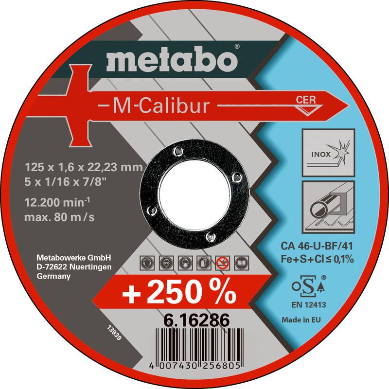 Metabo M-Calibur cut-off wheel package label with product size, speed rating, INOX use icons, and barcode.