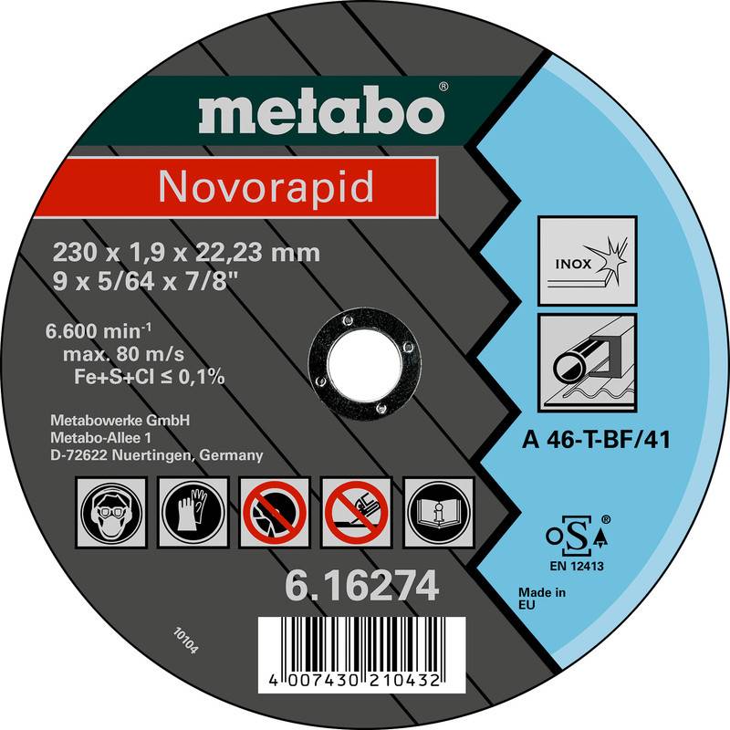 Metabo Novorapid metal-cutting wheel label showing size, speed limit, INOX use, product code A 46-T-BF/41, and barcode.