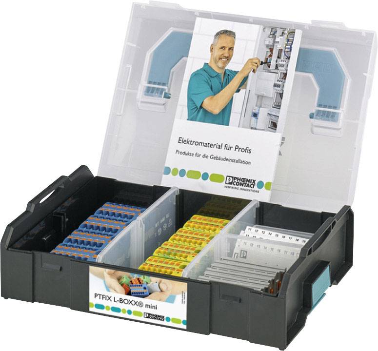 Open toolbox with various electrical components and compartment dividers. Man on the packaging working on an electrical control cabinet.
