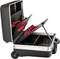Tool case with removable compartments and holders for tools, opened. Primarily black with red accents.
