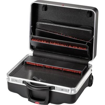 An open, black suitcase with compartments and red bristles, suitable for transporting and protecting items.