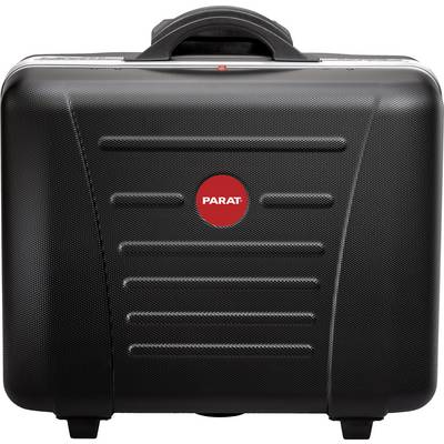 A black, robust suitcase with a carrying handle. On the front, there is a red circle with the inscription 'PARAT'.