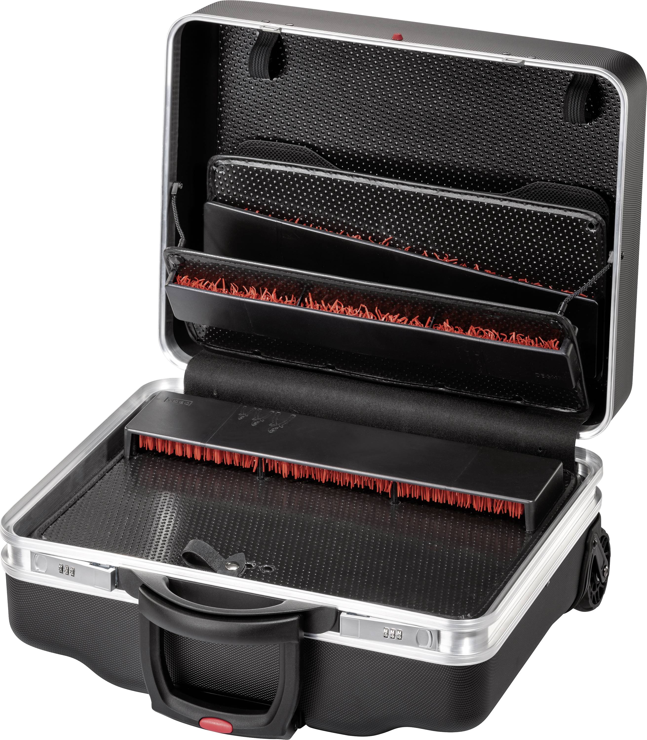 An open suitcase with multiple pockets and compartments, specifically organised for transporting delicate equipment or cables.