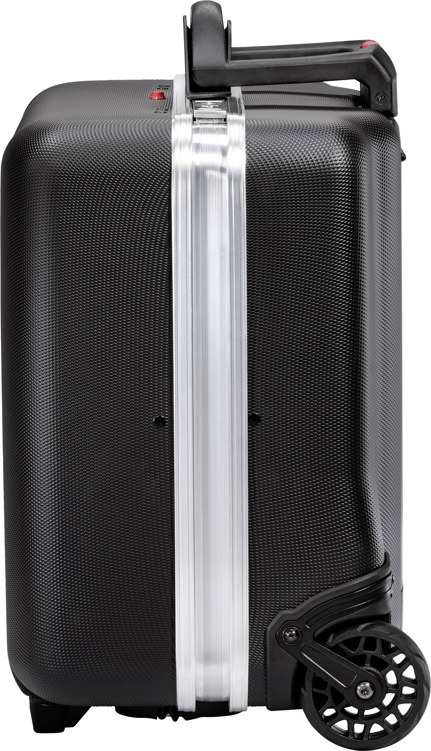 Black suitcase with wheels and silver handle, positioned sideways. Ideal for travellers, demonstrates robustness and modern design.