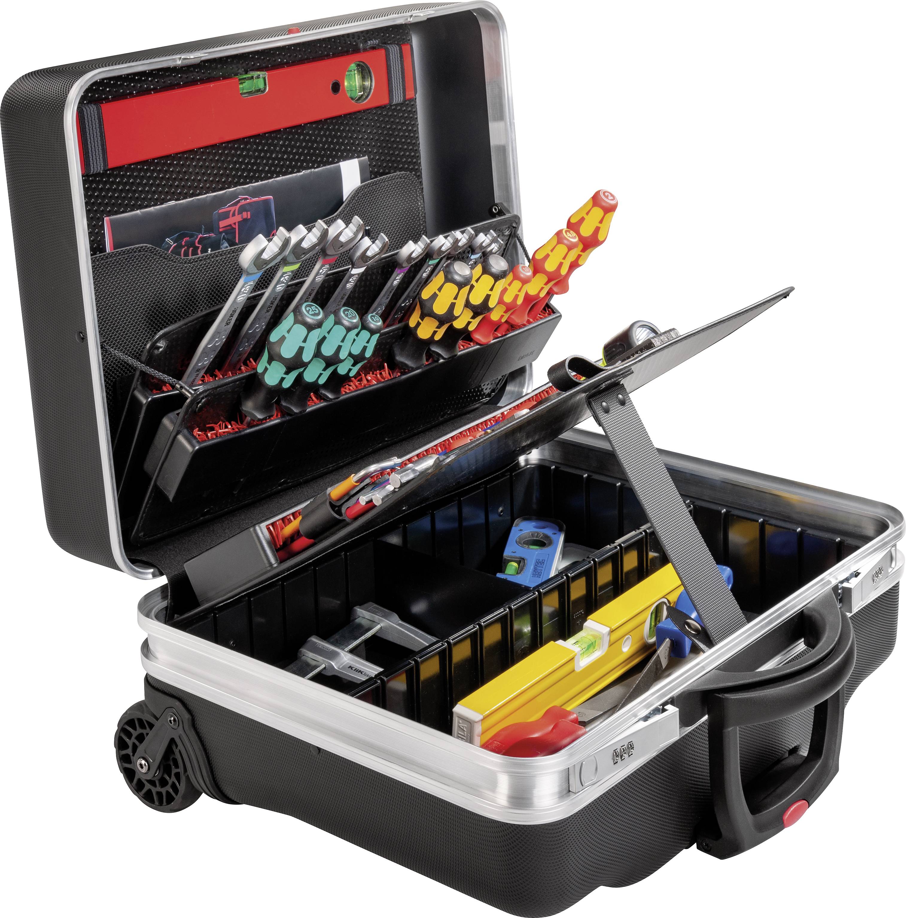 An opened toolbox with coloured screwdrivers, a spirit level, and other tools neatly arranged.