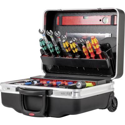 An open toolbox with sorted screwdrivers, spanners, and a spirit level, neatly arranged in rows.