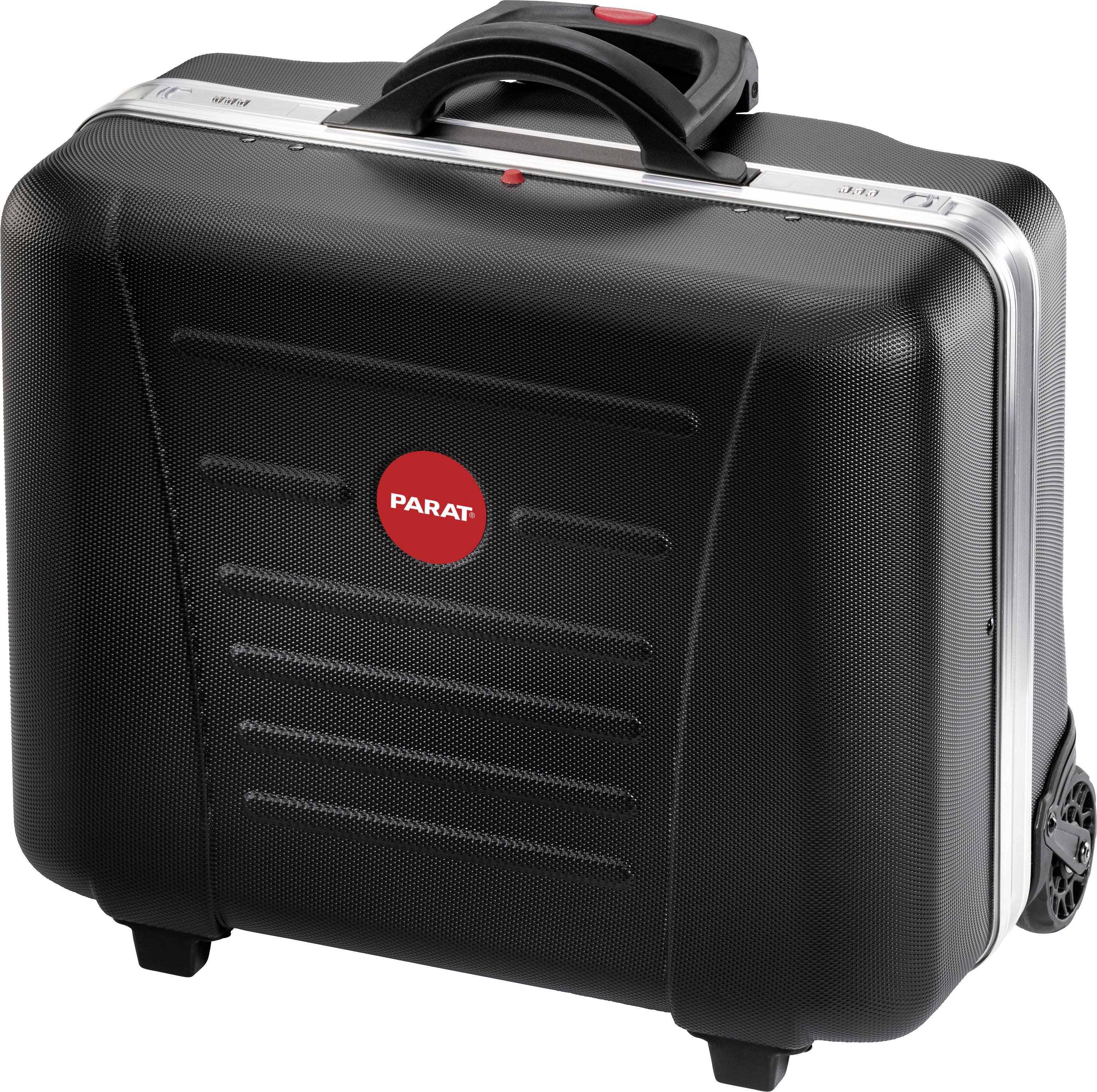 Black hard-shell suitcase with red 'PARAT' logo in the centre, side handle and two wheels. Ideal for safely transporting equipment.