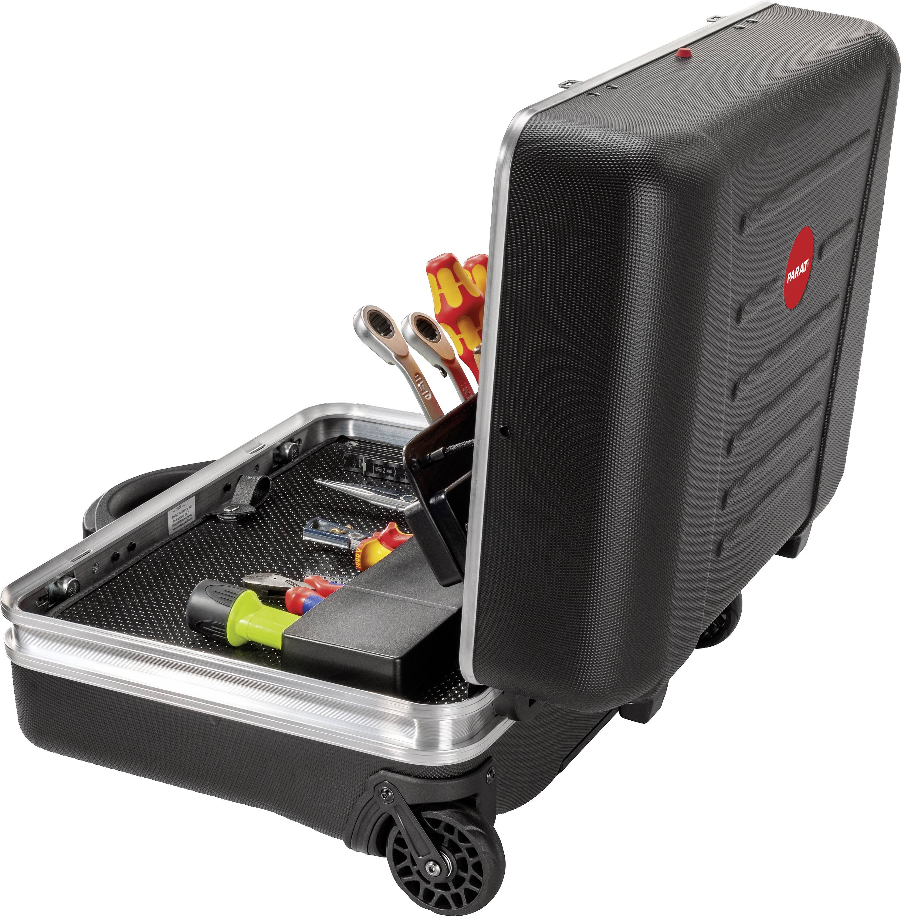 An open black tool case on wheels displays various tools, including spanners and pliers.