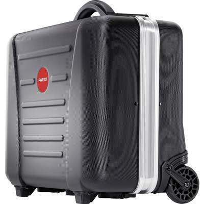 Black rolling suitcase with red 'Parat' logo, vertical grooves and two wheels for mobility. Suitable for secure transportation of items.
