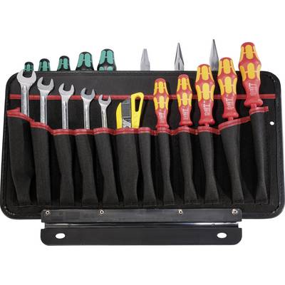 Tool bag with an open zip, filled with screwdrivers, spanners, pliers and a craft knife.