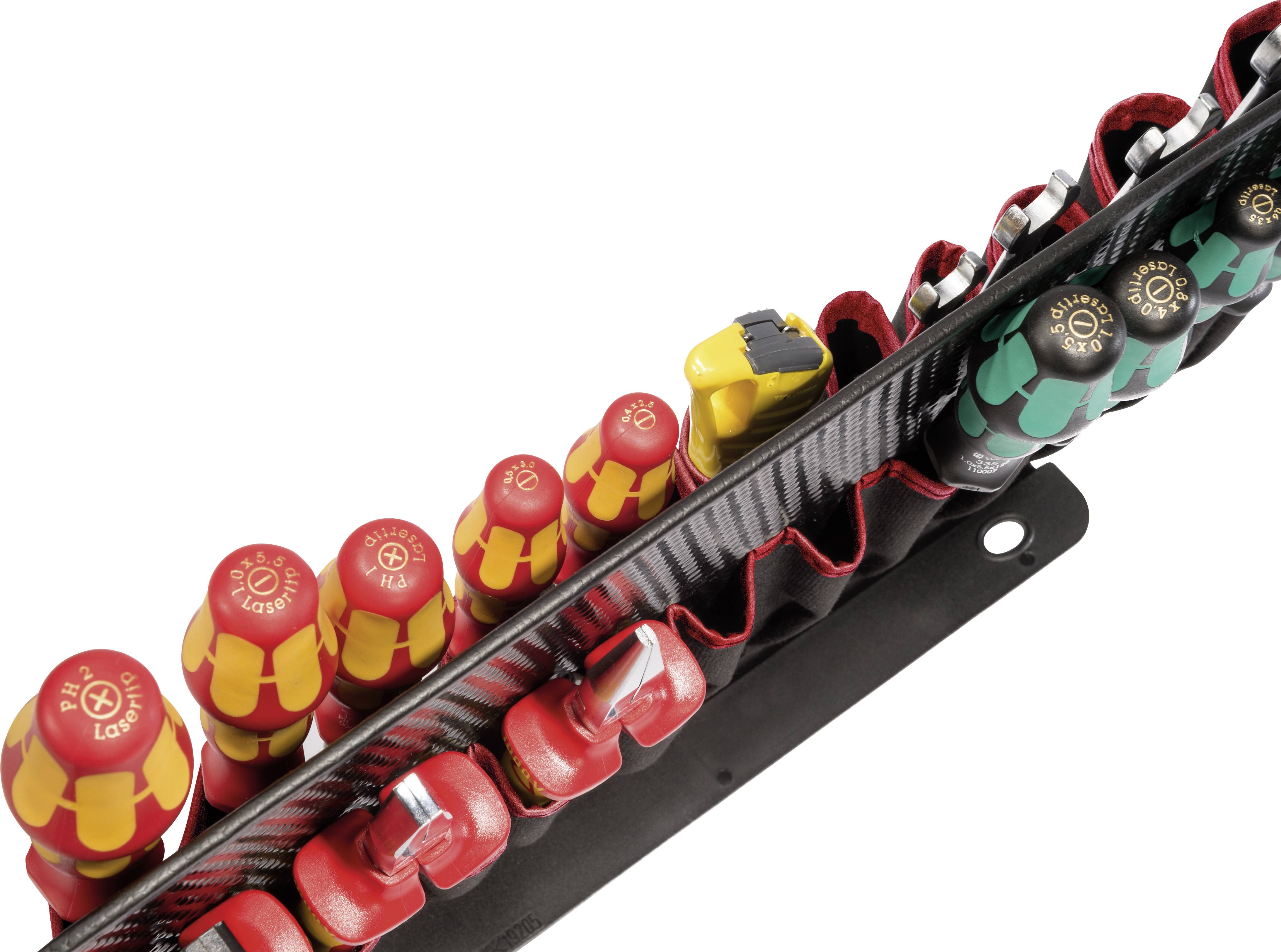 A set of multi-coloured screwdrivers and tools in a black holder, organised by size.