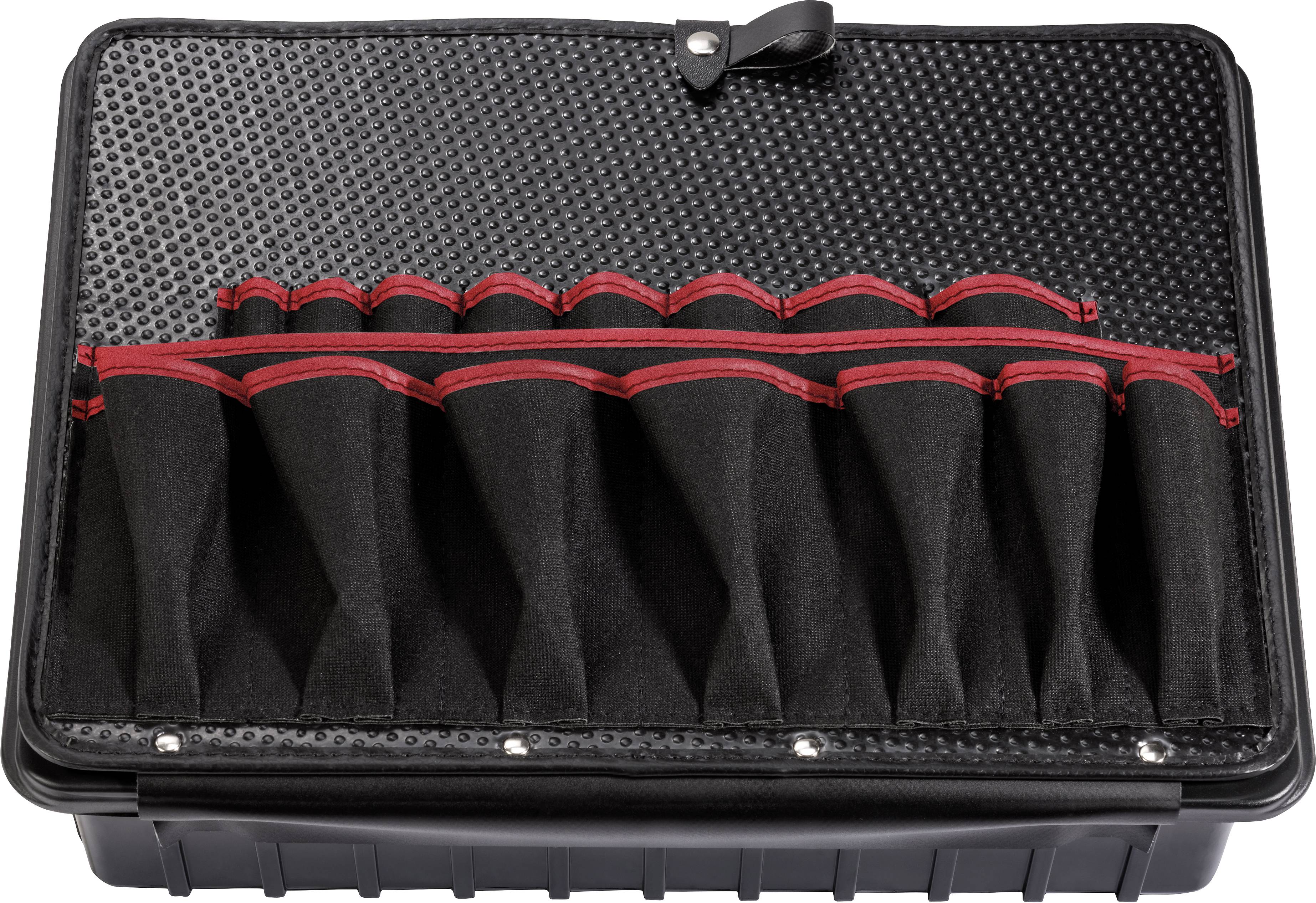 Black case with multiple compartments, lined with red fabric, presented open, suitable for storing small items.
