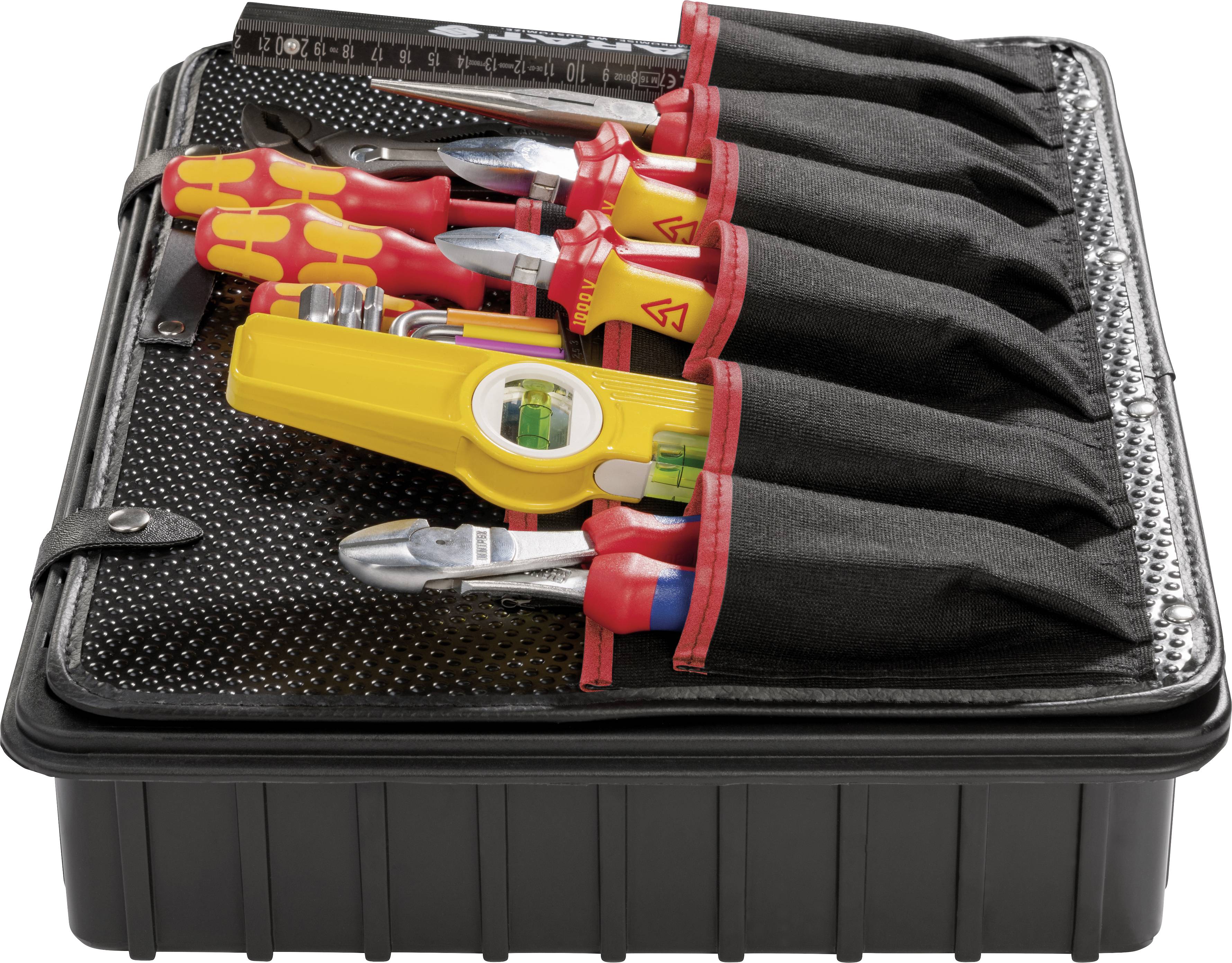 Toolbox with compartmentalised sections, filled with screwdrivers, pliers and voltage tester. Tools have red and yellow handles.