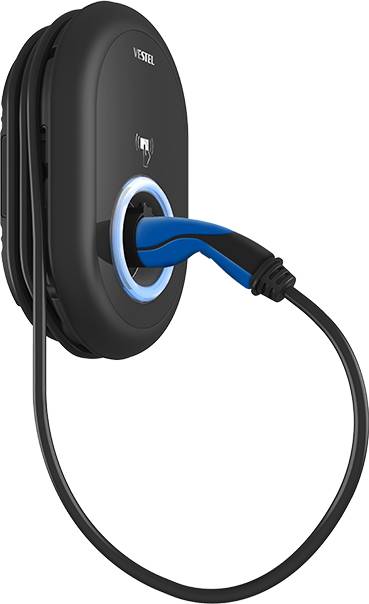 A black wall-mounted charging point with an attached blue cable used for charging an electric vehicle.
