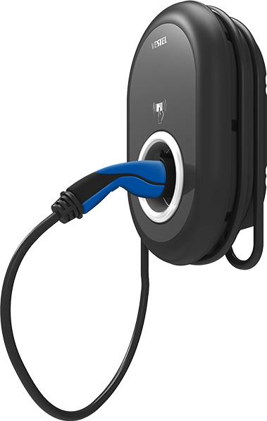Electric vehicle charger with a black casing and blue charging cable plugged in, mounted on the wall.