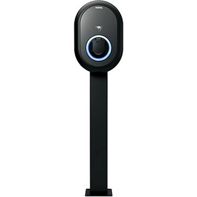 Electric vehicle charging point with a modern design and illuminated ring, mounted on a black base.