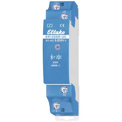 Blue relay by Eltako, model ER12SSR-UC, suitable for 8-230V. It has top and bottom connections and CE marking.